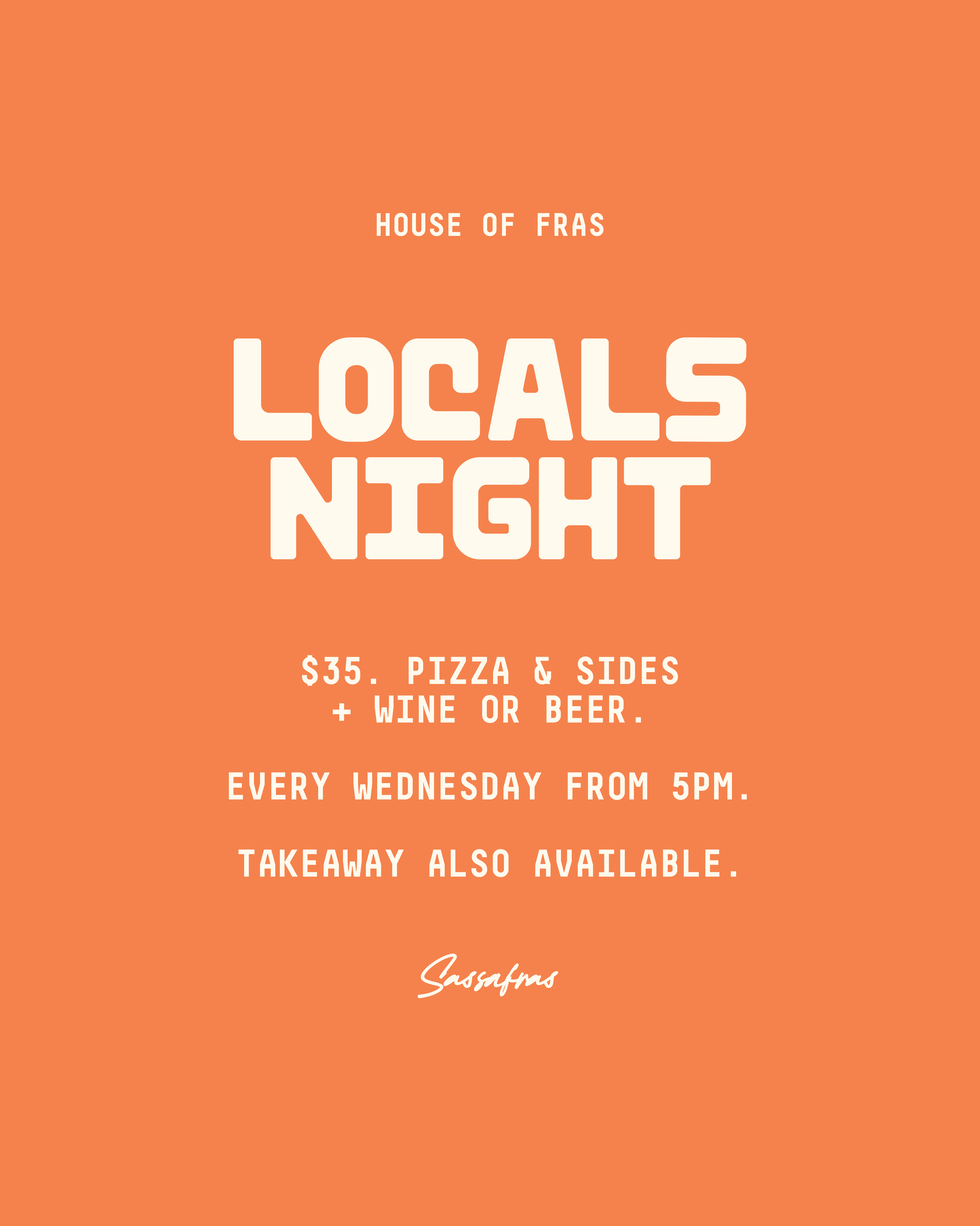 Locals Night - $35 Pizza & Sides + Wine or Beer, Every Wednesday from 5pm